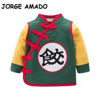 Футболка для маленьких мальчиков, пальто для девочек, зелено-оранжевая футболка с длинными рукавами в китайском стиле, детская весенне-осенняя одежда E18211