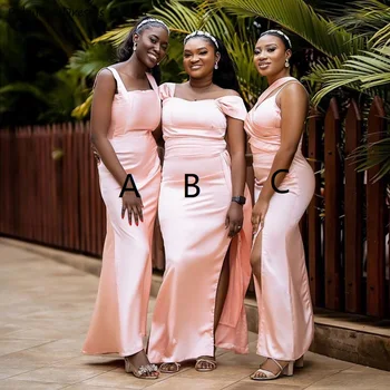 Розовые платья подружек невесты длиной до щиколоток в стиле русалки с квадратным воротником-разрезом, свадебное платье подружки невесты для африканских женщин