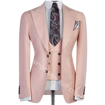 Свадебный костюм для мужчин, светло-розовый Приталенный блейзер, жилет и брюки из 3 предметов, Официальная деловая мужская одежда для свадьбы, выпускного вечера, сшитая на заказ.
