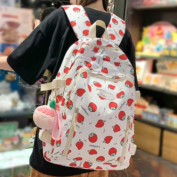 Рюкзак Kawaii Большой емкости для девочек-подростков, модный Простой милый рюкзак для колледжа с клубничным принтом для маленьких девочек