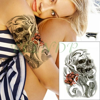 Водонепроницаемая временная татуировка Наклейка череп голова пистолет красная роза цветок Поддельная татуировка Флэш-тату татуировки большого размера для детей Женщины Мужчины