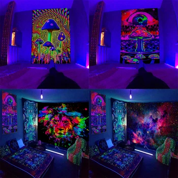 Флуоресцентный гобелен с психоделическим грибом, светящаяся подвесная ткань, украшение интерьера в ультрафиолетовом свете
