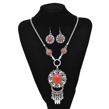 Богемные женские ожерелья и серьги с резными кисточками из сплава, Винтажные наборы украшений с подвесками в стиле бохо, этнические наборы камней Feminina