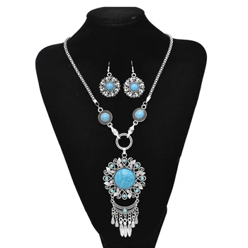 Богемные женские ожерелья и серьги с резными кисточками из сплава, Винтажные наборы украшений с подвесками в стиле бохо, этнические наборы камней Feminina 1