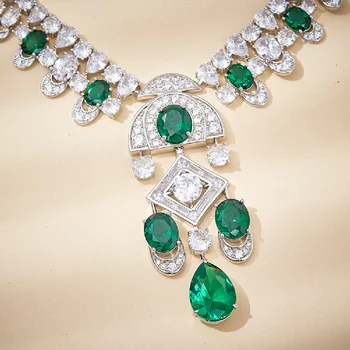 Роскошный 18-каратный Серебристо-позолоченный Изумрудно-Зеленый Кристалл С Циркониевой каплей Большие Серьги Ожерелье Набор Свадебных украшений Для женщин