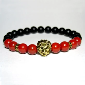 SN0702 Унисекс Браслет со Львом, красный камень, оникс, эластичный браслет, камень, йога мала, браслет из бисера для женщин