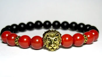 SN0702 Унисекс Браслет со Львом, красный камень, оникс, эластичный браслет, камень, йога мала, браслет из бисера для женщин 1