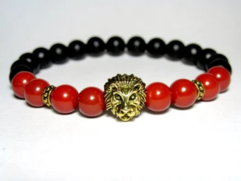 SN0702 Унисекс Браслет со Львом, красный камень, оникс, эластичный браслет, камень, йога мала, браслет из бисера для женщин 2