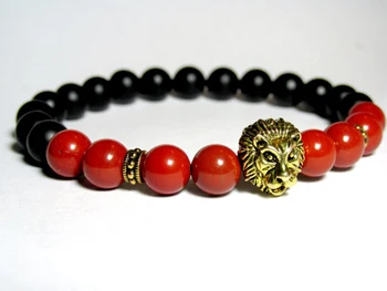 SN0702 Унисекс Браслет со Львом, красный камень, оникс, эластичный браслет, камень, йога мала, браслет из бисера для женщин 3