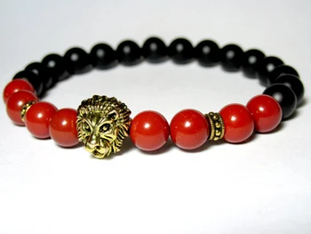 SN0702 Унисекс Браслет со Львом, красный камень, оникс, эластичный браслет, камень, йога мала, браслет из бисера для женщин 4