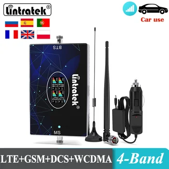 Lintratek Car Use 4-Полосный Усилитель Сотовой Связи GSM 900 1800 2100-2600 МГц Усилитель Сигнала 2G 3G 4G B20 700 B28 800 Ретранслятор мобильного телефона