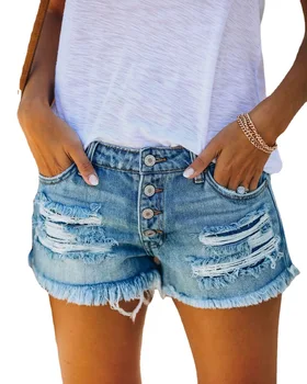 Синие рваные джинсовые шорты, женская летняя уличная одежда 2023 года, сексуальные джинсовые шорты на пуговицах с заниженной талией и карманами с кисточками