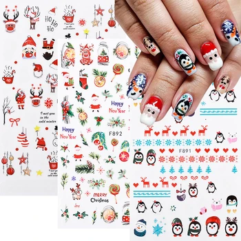 Рождественские наклейки для ногтей Мультяшный пингвин Олень Санта Клаус Снеговик Цветная снежинка Водонепроницаемый клей Слайдер Наклейка для маникюра