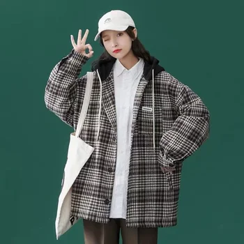 Женская куртка в клетку в стиле харадзюку, контрастный цвет, 2021, женская уличная одежда с капюшоном и длинным рукавом, однобортная верхняя одежда корейской моды в стиле ретро
