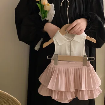 Корейский модный комплект детской одежды для девочек, Белая майка без рукавов в полоску с отложным воротником + Розовая Многослойная юбка с высокой талией, Короткая