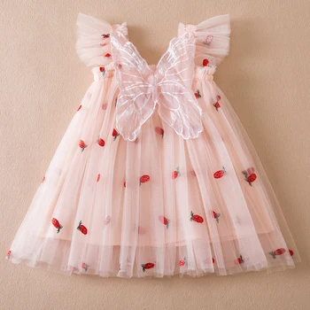Одежда для маленьких девочек, новое платье на подтяжках без рукавов с клубничным принтом в виде крылышек бабочки, милое летнее платье для девочек, детские платья