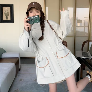Бежевая куртка с капюшоном, верхняя одежда, Весна 2023, женская уличная одежда в стиле хип-хоп, свободный карман на молнии, повседневное пальто-карго в Корейском стиле, 9610