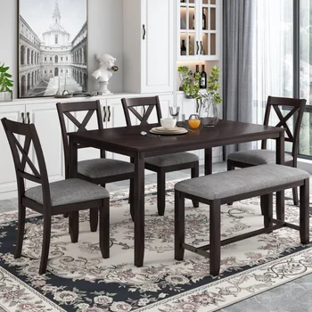 Кухонный обеденный стол TREXM из 6 предметов, Деревянный прямоугольный обеденный стол\  4 обеденных стула и скамейка Семейная мебель