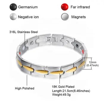 FINE4U B580 Магнитный мужской браслет из нержавеющей стали золотисто-черного цвета с элементами питания на магнитах 1