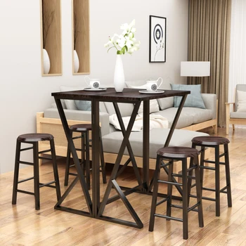 Обеденный Барный стол из 5 предметов с 4 Барными стульями (Высота стойки, Темный Кофе)