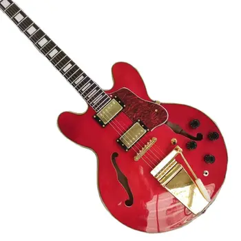 Гитара 335 на заказ, винно-красный полый корпус, накладка из розового дерева, хромированная фурнитура, система вибрато, 2 звукоснимателя, бесплатная доставка.