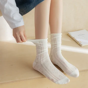Дышащие женские носки с сердечками, Повседневные Модные однотонные Длинные носки для девочек, Женские летние Сетчатые Тонкие Уличные носки для экипажа