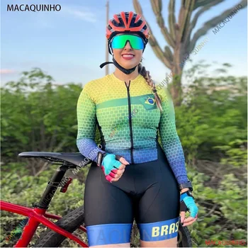 Бразильский женский велосипедный комбинезон зеленого цвета для триатлона с длинными рукавами