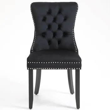 Обеденный стул из черного бархата с мягкой спинкой на пуговицах, отделанный гвоздями и ножками из массива дерева, 2 комплекта