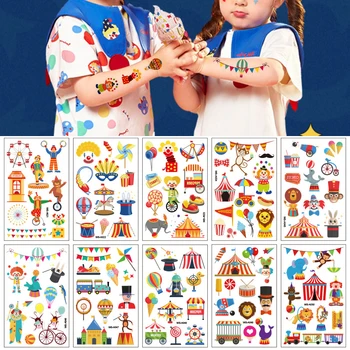 Цирковые детские временные татуировки Водонепроницаемые наклейки с изображением мультяшного клоуна для мальчиков и девочек для детской вечеринки