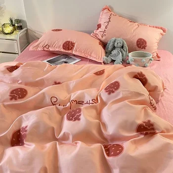 INS, Комплект постельного белья с изображением розовой девочки и клубники, Мультяшное Стеганое одеяло, Плоская простыня, Пододеяльник, Наволочка, Постельное белье, домашний текстиль
