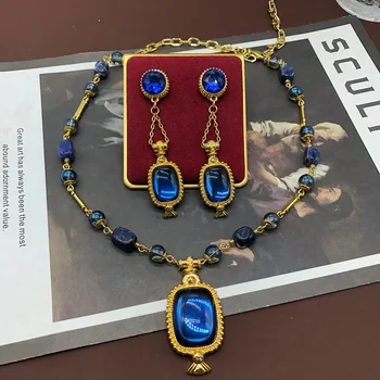 Оригинальное средневековое винтажное ожерелье из синего стекла с подвеской для восстановления древних обычаев, серьги с кисточками, серьги подходят для небольшого дизайна