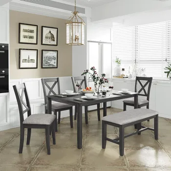 Кухонный обеденный набор из 6 предметов черного цвета, 4 обеденных стула и скамейка, домашняя семейная мебель на 6 персон, Деревянный прямоугольный обеденный стол 1