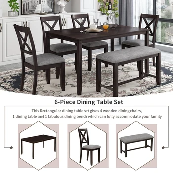Кухонный обеденный набор из 6 предметов черного цвета, 4 обеденных стула и скамейка, домашняя семейная мебель на 6 персон, Деревянный прямоугольный обеденный стол 2