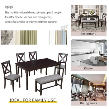 Кухонный обеденный набор из 6 предметов черного цвета, 4 обеденных стула и скамейка, домашняя семейная мебель на 6 персон, Деревянный прямоугольный обеденный стол 3
