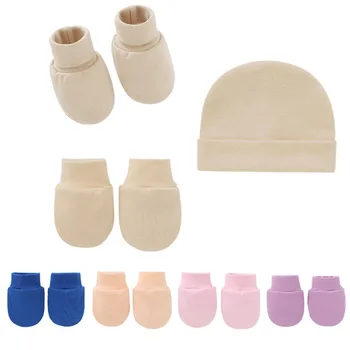 Детские мягкие хлопчатобумажные перчатки с защитой от царапин, Шапка + чехол для ног, Варежки для новорожденных, Носки, комплект шапочек для младенцев