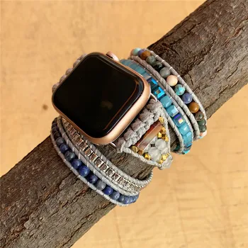 Ремешок Apple Watch из натурального камня, Лазурит, Яшма, ремешок для часов в стиле бохо, Многожильный 5-слойный Серо-голубой ремешок Apple Watch