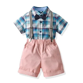 Летние комплекты одежды для мальчиков, клетчатая рубашка с коротким рукавом для мальчиков, детская летняя официальная одежда с коротким рукавом для маленьких и средних детей