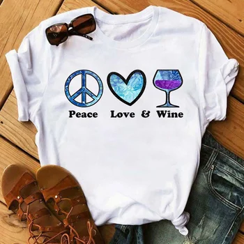 Модные футболки с принтом вина Peace Love, женская черная футболка с принтом бокала для вина в стиле харадзюку, женская летняя футболка, женские топы, футболки