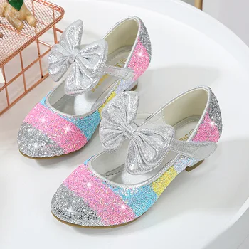 Обувь принцессы для девочек, детские танцевальные туфли на высоком каблуке, мягкая подошва, большие туфли в цветочек, хрустальные вечерние тонкие туфли, детская обувь 1
