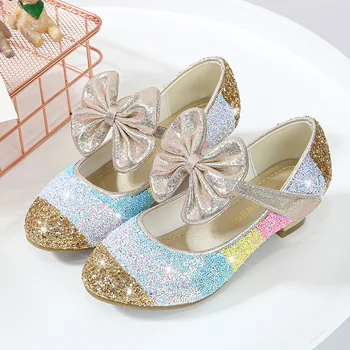 Обувь принцессы для девочек, детские танцевальные туфли на высоком каблуке, мягкая подошва, большие туфли в цветочек, хрустальные вечерние тонкие туфли, детская обувь 3
