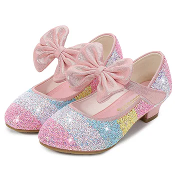 Обувь принцессы для девочек, детские танцевальные туфли на высоком каблуке, мягкая подошва, большие туфли в цветочек, хрустальные вечерние тонкие туфли, детская обувь 4