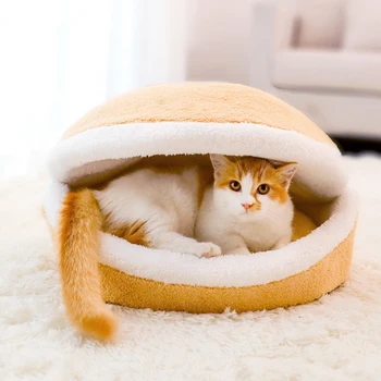 Кровать для кошек и гамбургеров, дизайн гамбургера, мягкая кровать для домашних животных, ветрозащитный съемный хлопковый спальный мешок для кошек, пещера для объятий для кошек и маленьких собак