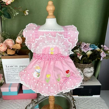 Хлопчатобумажные Розовые платья ручной работы для домашних собак 2023, Корейское платье принцессы с милым кроликом и цветочным принтом для маленьких Средних собак, одежда для домашних щенков