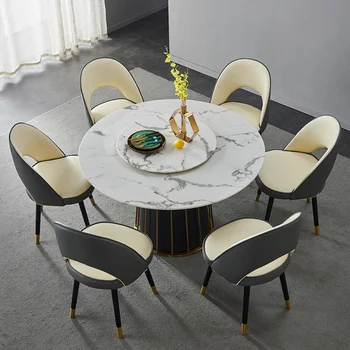 47-дюймовый современный обеденный стол с белой круглой мраморной столешницей и черной с золотом ножкой Lazy Susan, обеденный стол для 4-6 человек,