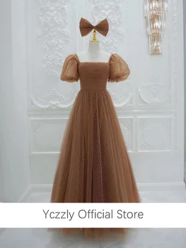 Милое простое вечернее платье из тюля с квадратным вырезом трапециевидной формы в горошек, Длинное платье для выпускного вечера с пышными рукавами YE21