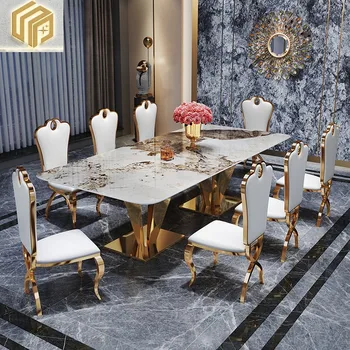 Обеденный стол из каменной плиты из нержавеющей стали, комбинированный прямоугольный стул, мраморный обеденный стол для большой семьи на 10 человек