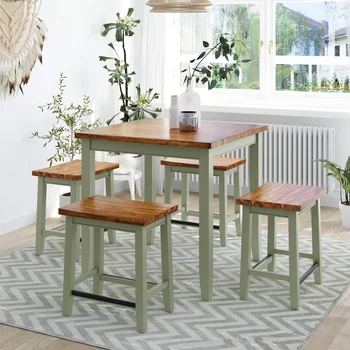 Обеденный стол в деревенском стиле из 5 предметов, набор для кухонного стола в деревенском стиле, высота кухонной стойки, Обеденный стол с 4 табуретками, кухонная мебель, зеленый