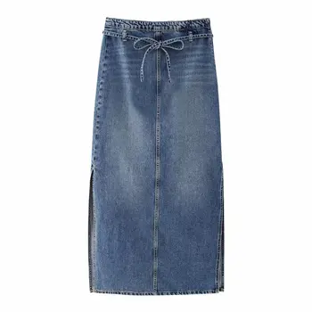Женская 2023 Новая модная джинсовая юбка Миди в винтажном стиле с высокой талией и боковой молнией на поясе, женские юбки Mujer