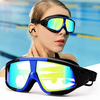 Очки для плавания для взрослых HD для мужчин, водонепроницаемые противотуманные очки для дайвинга с большой оправой, силиконовые беруши для плавания, подключенные к наушникам