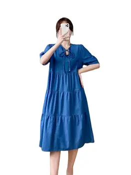 Летнее Голубое платье для беременных Плюс размер Хлопчатобумажное платье с пышными рукавами Для беременных Длинное Свободное джинсовое платье для беременных с оборками в стиле пэчворк